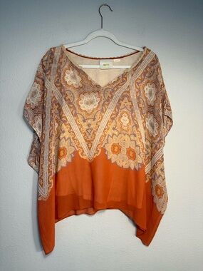 Maeve Anthropologie Nalina 100% Silk Paisley Boho Poncho Blouse Orange S